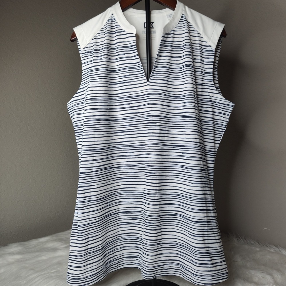 Cutter & Buck Polo Top Womens Medium White Blue Striped Sleeveless CB DryTec